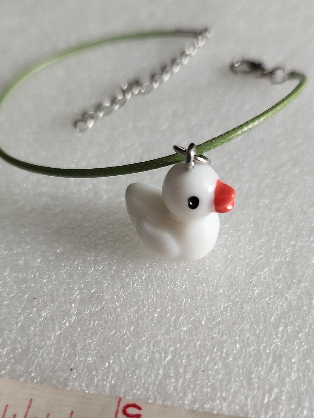 Hand Crafted White Duck Charm Bracelet / Anklet with Green Cord